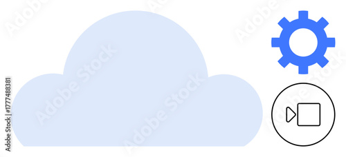 Cloud graphic alongside a gear representing settings and a play button for video playback. Ideal for cloud computing, technology, data storage, media, user interface, innovation, simple flat metaphor
