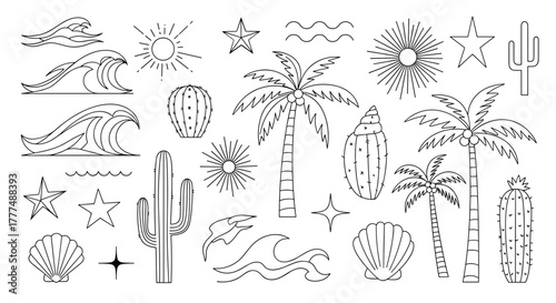 A diverse collection of minimalist line art illustrations featuring beach and desert elements like waves, palm trees, cacti, and suns.