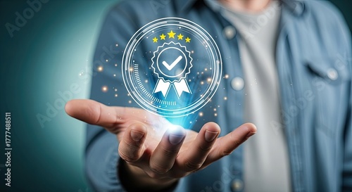 Man's Hand Holding Five Stars Badge with Check Mark; Quality Assurance