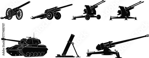 Artillery weapon silhouette set, cannon vector illustration, tank outline drawing, mortar design, military gun collection, black and white graphic, cad drawing flat vector illustration