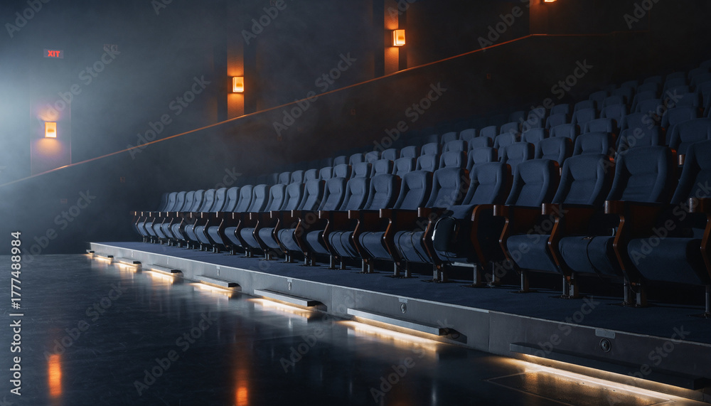 Fototapeta premium Empty movie theater with rows of seats in dark ambiance and orange lighting