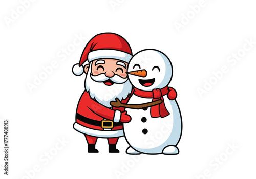 Cartoon illustration of Santa Claus embracing a cheerful snowman with a red scarf against a clean white background with festive holiday colors.