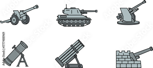 Cannon and artillery silhouette set, tank vector illustration, rocket launcher outline, mortar weapon design, naval gun turret drawing, cad drawing flat vector illustration