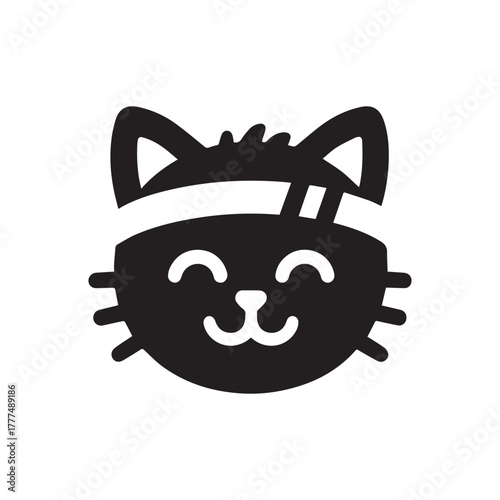 A simple black and white vector logo of the head of an adorable cat with two stripes on its forehead,