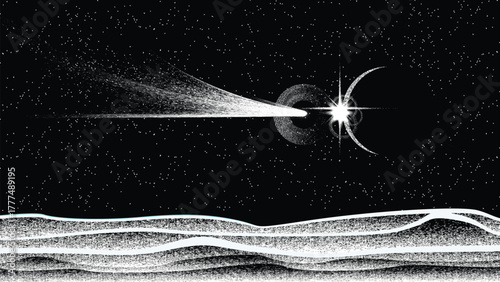 Star and comet tail in outer space. Futuristic landscape, with noise texture . Space landscape with comet and sun . Deep space vector illustration
