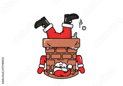 Cartoon illustration of Santa Claus stuck upside down in a brick chimney with a comical expression on his face.