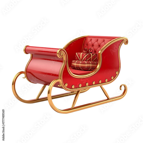 A detailed 3d render of santa's classic red sleigh with golden trim, carrying a single festive gift wrapped in red paper and a golden ribbon, isolated on a plain background, symbolizing christmas.