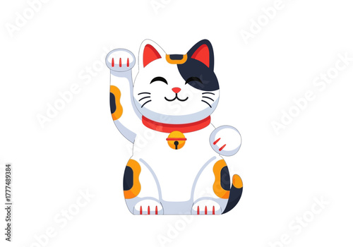 A cartoon Maneki-Neko figurine with a white, black, and orange body, waving one paw, against a clean white background.