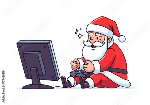Cartoon Santa Claus sitting cross-legged on the floor, playing a video game with a controller while looking at a computer monitor with a joyful expression on a plain white background.
