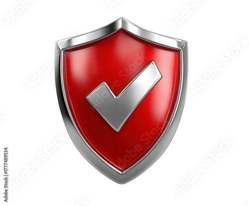 A red shield with a silver checkmark inside, symbolizing security, protection, and approval, isolated on a transparent background