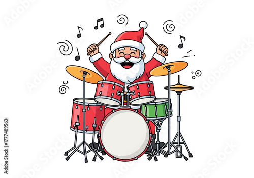 Cartoon Santa Claus playing drums with music notes around him on a white background in a festive mood with red and green colors.