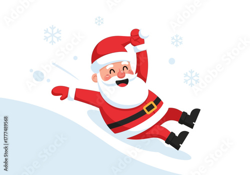 Cartoon Santa Claus sliding down a snowy hill with a joyful expression and festive attire on a white background with snowflakes.