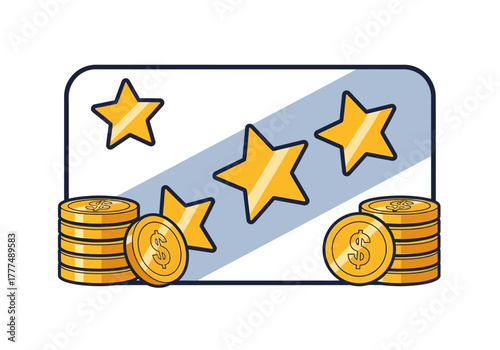 An illustration of a credit card with gold coins and stars on a white and blue background, symbolizing financial success and rewards.