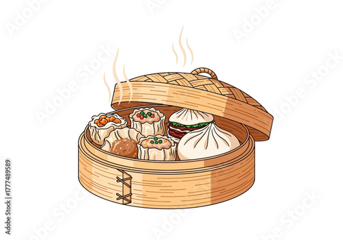 Illustration of steaming dim sum in an open bamboo steamer on a white background with various dumplings inside.