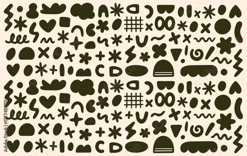 Seamless Abstract Doodle Pattern with Hand Drawn Shapes in Minimal Black on Beige Background