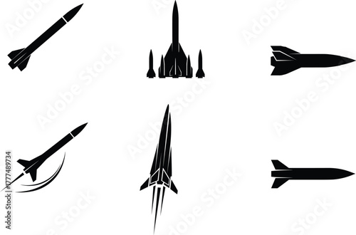 Rocket and missile silhouette set, space shuttle vector illustration, aerospace vehicle outline, launch design, black and white drawing, cad drawing flat vector illustration