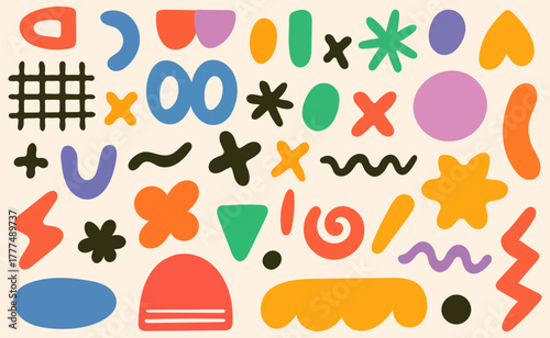 Colorful Abstract Doodle Pattern with Playful Shapes and Hand Drawn Elements on Light Background