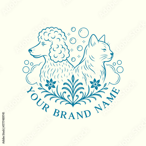 Pet salon logo design with cat and dog line art, elegant grooming illustration for brand identity and packaging