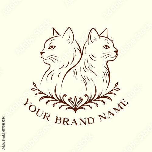 Vintage twin cat logo design with elegant floral decoration, minimalist line art for pet brand and identity