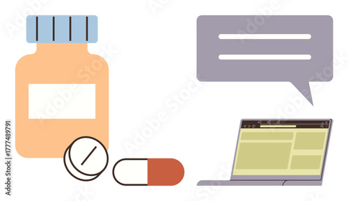 Medication bottle, pill, capsule, laptop, and message bubble emphasize digital healthcare, telemedicine, pharma, patient communication e-prescriptions virtual advice. Ideal for healthcare