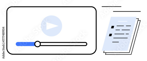 Video player interface with play button and progress bar next to a stack of documents. Ideal for e-learning, education, media, digital tools, data sharing, information access, simple flat metaphor