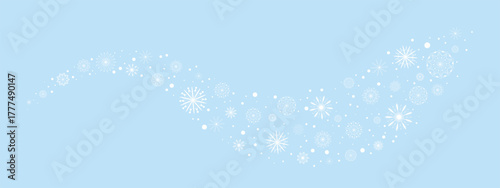 Blue background with white snowflakes. Swirl of snowflakes and snow grains. Snowy wave. Winter template, vector graphic