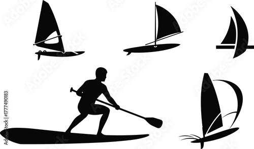 Silhouette collection of sailing boat, windsurfing board, paddleboard, canoe, dinghy, water sports activity, cad drawing flat vector illustration