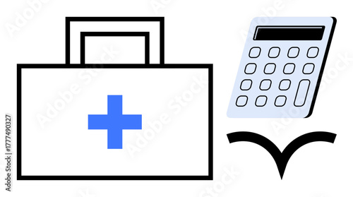 Medical kit with blue cross beside calculator and bird-shaped checkmark. Ideal for healthcare, budget planning, financial management, medical expenses, insurance, wellness, data analysis. Simple flat