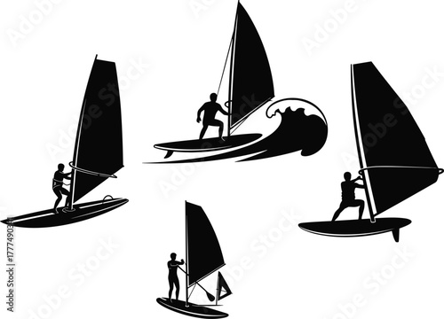 Silhouette collection of windsurfing action poses, surfboard with sail, extreme water sport, ocean wave activity, cad drawing flat vector illustration
