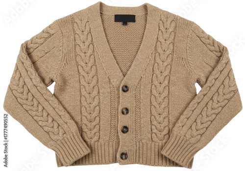 Canvastavla Isolated cable knit cardigan sweater with brown buttons clothing apparel fashion