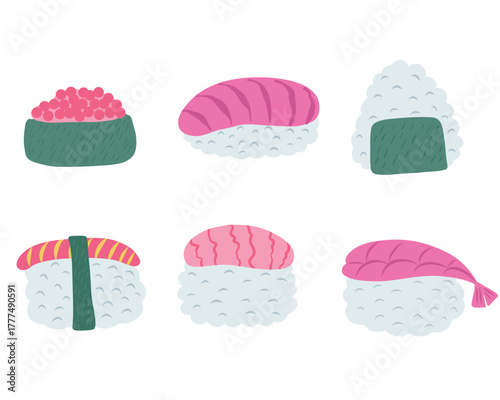 Cute Hand Drawn Sushi Set Vector Illustration