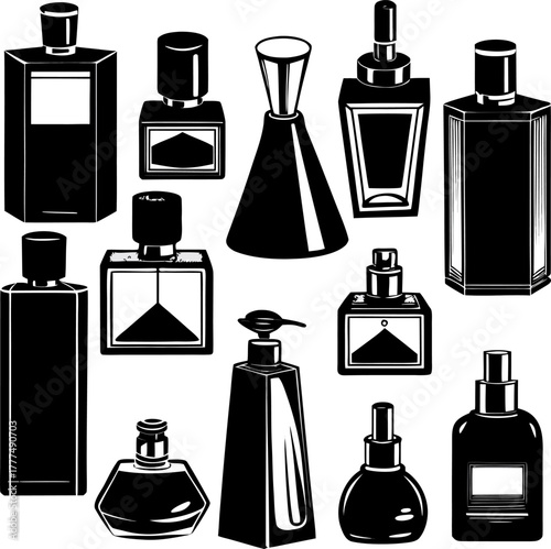 An array of perfume bottles, rendered in a photorealistic style, are arranged on a white background. The bottles exhibit a variety of shapes, sizes, and colors, indicative of diverse fragrance lines. 