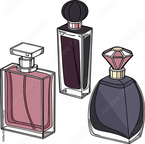 An array of perfume bottles, rendered in a photorealistic style, are arranged on a white background. The bottles exhibit a variety of shapes, sizes, and colors, indicative of diverse fragrance lines. 