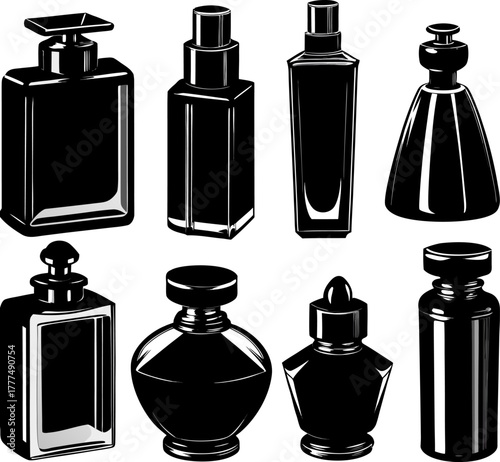 An array of perfume bottles, rendered in a photorealistic style, are arranged on a white background. The bottles exhibit a variety of shapes, sizes, and colors, indicative of diverse fragrance lines. 