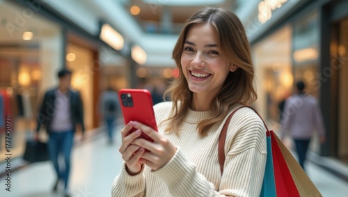 Smiling young woman browsing smartphone in shopping mall with woven bag, enjoying retail experience with modern technology in bright contemporary setting Free Download Smiling young woman browsing smartphone in shopping mall with woven bag, enjoying retail experience with modern technology in bright contemporary setting - GFXLoad