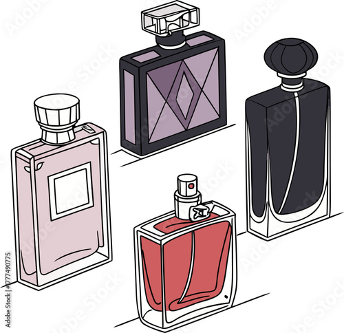 An array of perfume bottles, rendered in a photorealistic style, are arranged on a white background. The bottles exhibit a variety of shapes, sizes, and colors, indicative of diverse fragrance lines. 