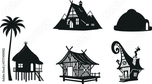 Traditional houses, stilt hut, alpine cabin, igloo dome, fantasy home, cultural dwelling, wooden architecture, rural shelter, cad drawing flat vector illustration