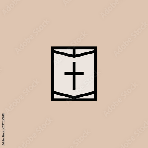Minimalist Christian cross and open book icon on a beige background, symbolizing faith, religion, and scripture.
