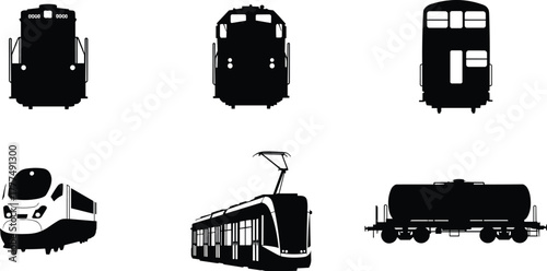 Train silhouette, locomotive, passenger car, high speed rail, tram, tank car, railway transport, cargo wagon, cad drawing flat vector illustration