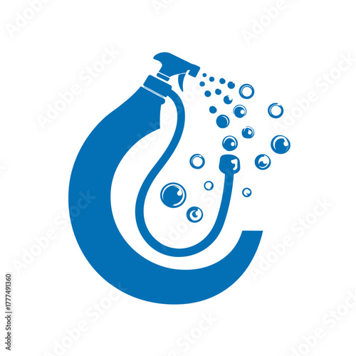 Modern Blue Cleaning Service Icon: Spray Bottle, Bubbles, and Hose Symbolizing Hygiene, Disinfection, and Sanitation