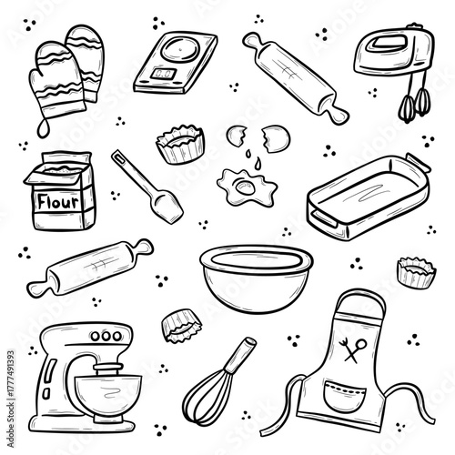 Hand drawn kitchen utensils and products for baking. 
Cooking apron, oven glove, mixer, scales, rolling pin, whisk, bowl, pan, spatula, flour, egg. 
Flat vector illustration in doodle style.