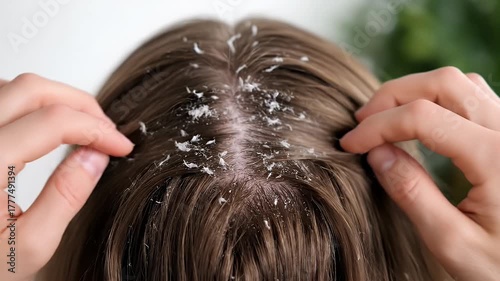 Close up view of the person's head with dandruff and white flakes on brown hair