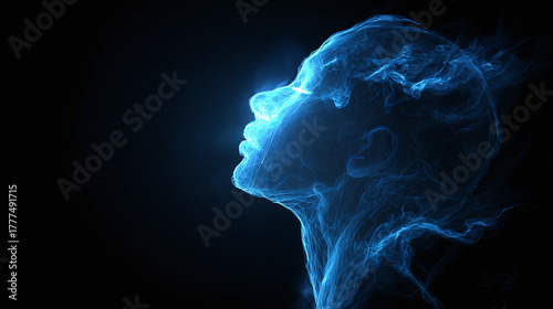 An ethereal blue outline of a person's face, evoking a sense of introspection and the power of thought. The image symbolizes the human mind, consciousness, and the intangible aspects of existence