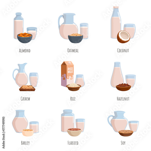 Vegan milk. Alternative drinks from almond oat rice cashew hazelnut soy. Glass bottles and jars and glasses, bowls with cereals and nuts, sapid vector set