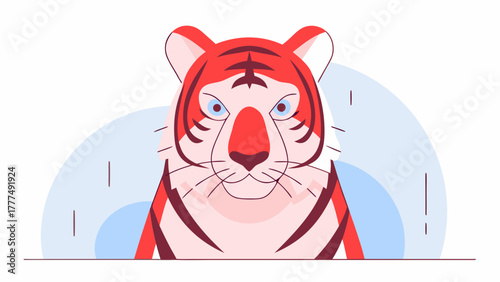 Illustration of a red and white tiger with blue eyes and black stripes looking forward with a background design on transparent background silhouette