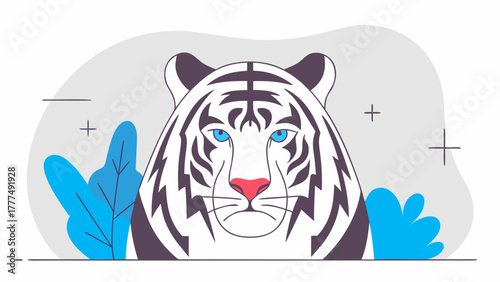 Photography Illustration of a white tiger with black stripes and blue eyes amidst blue plant