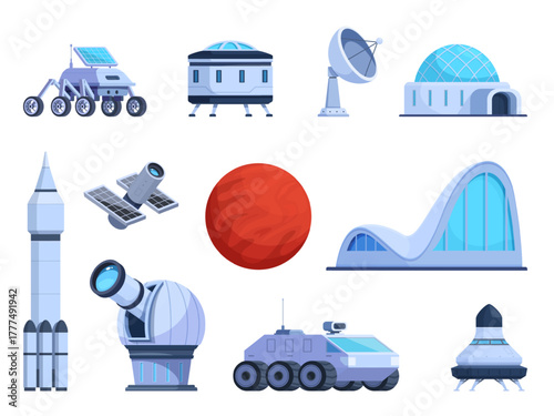 Mars exploration. Cartoon space explorations elements, buildings and space transport, locators, rovers. Astronomy and researching, spacecraft, sapid vector set