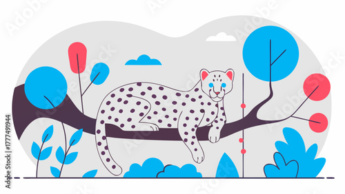 Illustration of a leopard resting on a tree branch with colorful foliage and a serene cloudscape view on transparent background silhouette