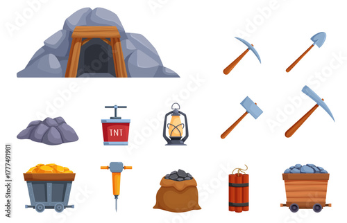 Mine equipments. Cartoon shovel pick hammer, dynamite and coal bag. Cart with golden bars, isolated mining tools icons. Entry in cave, sapid vector set