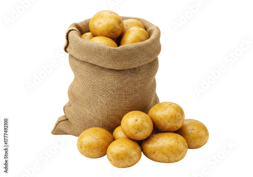 Isolated burlap sack filled with yellow potatoes, some spuds lying in front of the sack